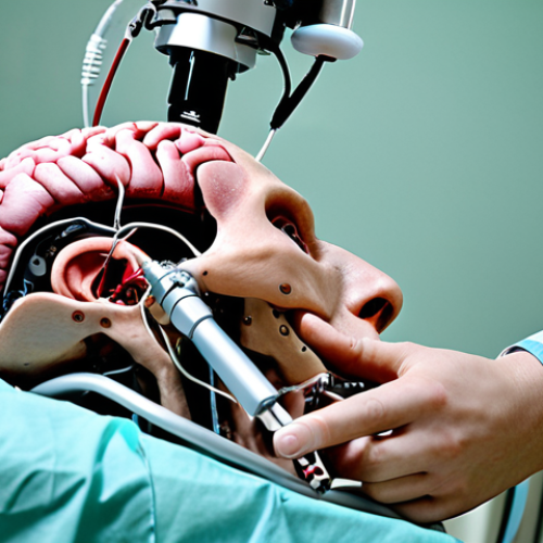 **

*Prompt:*  A Da Vinci surgical robot operating on a human brain. Focus on the robot's precision and the surgeon using joysticks. Emphasize the high-tech environment of a modern Polish hospital.

**