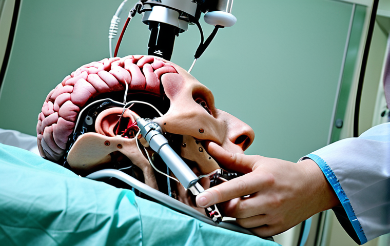 **
*Prompt:* A Da Vinci surgical robot operating on a human brain. Focus on the robot's precision and the surgeon using joysticks. Emphasize the high-tech environment of a modern Polish hospital.
**