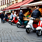 **Prompt:** A bustling Kraków marketplace with modern food delivery scooters weaving through traditional stalls, showcasing the blend of old and new business models.