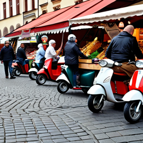 **Prompt:** A bustling Kraków marketplace with modern food delivery scooters weaving through traditional stalls, showcasing the blend of old and new business models.
