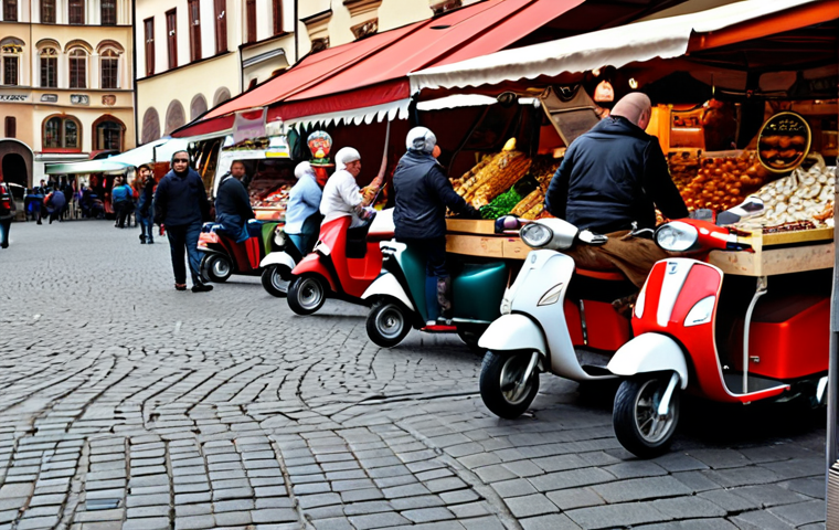 **Prompt:** A bustling Kraków marketplace with modern food delivery scooters weaving through traditional stalls, showcasing the blend of old and new business models.